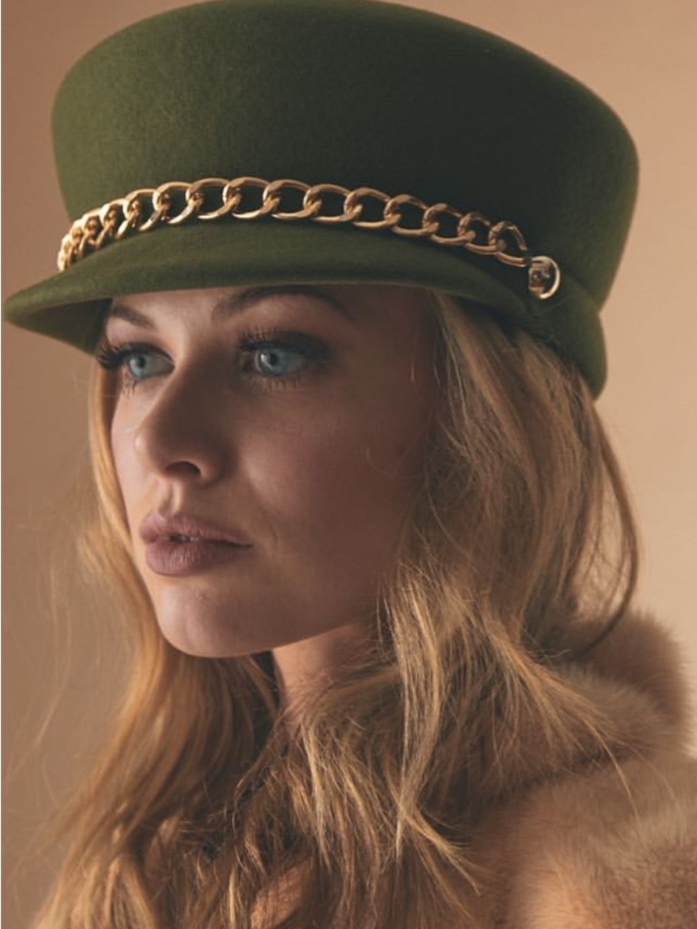 EUGENIA KIM Sabrina Chaintrimmed Wooltelt Cap. Leaf Green / Olive. Brand New 295